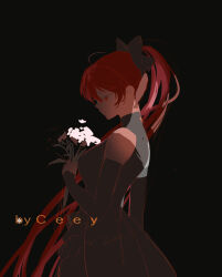 1girl alternate_costume artist_name bare_shoulders black_background black_dress black_sleeves bouquet bow ceey chinese_commentary closed_mouth commentary_request cowboy_shot detached_sleeves downturned_eyes dress expressionless flower from_side hair_bow hair_over_shoulder high_ponytail highres holding holding_bouquet holding_flower long_hair long_sleeves mahou_shoujo_madoka_magica mahou_shoujo_madoka_magica_(anime) pleated_dress pointy_nose ponytail red_eyes red_hair sakura_kyoko simple_background sleeveless sleeveless_dress sleeves_past_wrists solo turtleneck turtleneck_dress very_long_hair watermark white_flower 