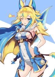  1girl ahoge animal_ears blonde_hair blue_cloak blue_eyes blue_gloves blue_hair blue_thighhighs breasts cloak commentary_request ferule gloves hand_on_own_hip highres holding jewelry koshian_(taiyaki) multicolored_hair one_eye_closed puzzle_&amp;_dragons sideboob sidelocks solo standing star_(symbol) thick_eyebrows thigh-highs two-tone_hair white_background 
