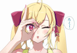  1girl absurdres ahoge bad_id bad_twitter_id blonde_hair hair_ribbon hand_glasses highres looking_at_viewer nail_polish nijisanji one_eye_closed open_mouth pink_nails red_eyes ribbon simple_background solo speech_bubble takamiya_rion translated twintails virtual_youtuber wada_(zes16) white_background 