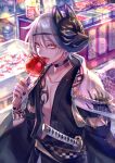  1boy ahoge candy_apple clothing_request facing_to_the_side food food_focus fox_mask highres looking_to_the_side male_focus mask original robe short_hair solo summer_festival suzaku_(zaku6584) tattoo white_hair yellow_eyes 