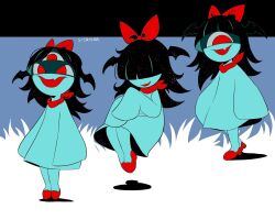  1girl aqua_dress aqua_skin artist_name black_hair bow colored_skin deltarune dress hair_bow hair_over_eyes hair_rings highres multiple_views one-eyed red_bow red_eyes red_scarf red_shoes scarf shoes sitritea third_eye utdr_(toby_fox) 