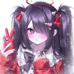  1girl @_@ aegyo_sal alternate_costume ame-chan_(needy_girl_overdose) black_bow black_bowtie black_hair black_nails blood blood_halo blush bow bowtie buttons cardigan cellphone chinese_commentary claw_ring collared_shirt commentary_request earrings face_piercing fingernails frilled_shirt_collar frills hair_bow hair_ornament hair_over_one_eye halo heart heart_button heart_hair_ornament highres holding holding_phone horns jewelry labret_piercing liquid_halo long_fingernails long_hair long_sleeves looking_at_viewer multicolored_nails needy_girl_overdose nervous_sweating one_eye_covered parted_lips phone piercing pill_hair_ornament qi_de_sanci_fang red_bow red_cardigan red_halo red_nails shirt simple_background sleeves_past_wrists smartphone solo stud_earrings sweat too_many_watermarks two-tone_nails two_side_up variant_set violet_eyes watermark white_background white_horns white_shirt 
