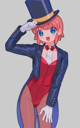  1girl blush_stickers bow commentary_request gloves hat highres humanization kanafumi_(spindle) kirby kirby_(series) leotard looking_at_viewer magic_kirby open_mouth personification shirt short_hair simple_background smile solo white_background 