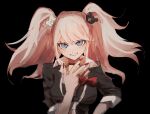  1girl bangs bear_hair_ornament black_background black_choker black_shirt blonde_hair blue_eyes bow breasts choker danganronpa_(series) danganronpa_2:_goodbye_despair enoshima_junko grey_necktie grin hair_ornament highres ko_perosu large_breasts long_sleeves nail_polish necktie red_bow red_nails shiny shiny_hair shirt simple_background sketch smile solo teeth twintails w 