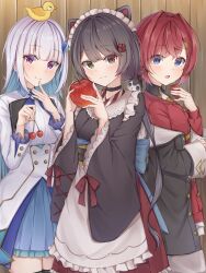  3girls :3 absurdres ange_katrina animal_ears animal_on_head apple apron back_bow banken_(inui_toko) belt belt_buckle belt_collar bird bird_on_head black_belt black_coat black_kimono black_thighhighs blue_bow blue_hair blue_skirt blunt_bangs bow brown_eyes brown_hair buckle closed_mouth coat collar collared_coat collared_jacket collared_shirt colored_inner_hair contrast_collar contrast_lapels cowboy_shot creature creature_on_shoulder cross-laced_clothes cross-laced_sleeves dog_ears dot_nose flower food frilled_apron frilled_skirt frills fruit gold_buckle green_eyes green_sash hair_flower hair_intakes hair_ornament hairclip hand_on_own_chin hand_on_own_elbow happy hat hetero highres holding holding_food holding_fruit indoors inui_toko jacket japanese_clothes kimono lace-trimmed_sleeves lace_trim lapels leaf_hair_ornament light_blush lize_helesta long_hair long_sleeves loose_hair_strand low_twintails maid maid_headdress medium_skirt miniskirt multicolored_hair multiple_girls nijisanji obi on_head on_shoulder open_clothes open_coat peaked_cap pleated_skirt poe_(528yuzunon) red_bow red_flower red_hair red_jacket red_shirt red_skirt sanbaka_(nijisanji) sash shirt short_kimono skirt sleeve_bow sleeve_cuffs sleeves_past_wrists smile standing strawberry striped_clothes striped_shirt surprised thigh-highs tsurime twintails two-tone_hair two-tone_shirt vertical-striped_clothes vertical-striped_shirt very_long_hair violet_eyes virtual_youtuber wa_maid wavy_hair white_apron white_hair white_jacket white_shirt white_skirt wide_sleeves wooden_wall yellow_bird zettai_ryouiki 
