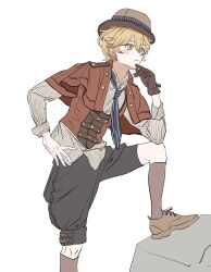  1boy absurdres aether_(genshin_impact) alternate_costume anime_coloring asymmetrical_footwear baggy_shorts black_gloves blonde_hair blue_necktie blush_stickers brown_hat brown_shoes brown_socks capelet chinese_commentary closed_mouth commentary_request elbow_on_knee foot_out_of_frame genshin_impact gloves grey_shorts hair_between_eyes hand_on_own_chin hand_on_own_hip happy hat highres kneehighs knees long_sleeves looking_ahead male_focus necktie peigen_bacon puffy_long_sleeves puffy_sleeves red_capelet red_vest rock shirt shoes short_hair shorts simple_background sleeve_cuffs smile socks solo striped_clothes striped_shirt uneven_footwear vertical-striped_clothes vertical-striped_shirt vest white_background white_shirt yellow_eyes 
