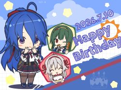  3girls :d :t ;t ^_^ absurdres ahoge antenna_hair artist_name assault_lily belt belt_buckle birthday_cake black_belt black_shirt black_skirt blue_background blue_hair blue_shoes blush_stickers bow bowtie brown_pantyhose buckle cake checkered_background chibi chibi_only closed_eyes commentary dango dated detached_sleeves eating food full_body giving_food green_hair grey_hair hair_between_eyes hair_bow hair_ribbon hairband half_updo hand_to_own_mouth hands_up happy_birthday highres holding holding_food hotaru_(ultraroly_poly) kawakubo_orika long_bangs long_hair long_sleeves looking_ahead miniskirt miyake_sae multiple_girls no_pupils one_eye_closed open_mouth pantyhose pleated_skirt red_bow red_bowtie red_eyes red_hairband red_ribbon ribbon sailor_collar school_uniform serafuku shirt shoes silhouette single_horizontal_stripe skirt sleeveless sleeveless_shirt smile standing star_(symbol) strawberry_cake striped_clothes striped_skirt sun_symbol thighband_pantyhose two-tone_background two-tone_shirt very_long_hair violet_eyes wagashi white_sailor_collar white_shirt yamamoto_kikyou yellow_hairband 