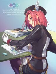  1girl beret curtained_hair eiyuu_densetsu feathers gloves grey_pantyhose hair_between_eyes hat highres kanone_amalthea looking_at_viewer military military_uniform open_mouth pantyhose paper red_hair saya001 short_hair simple_background sitting sora_no_kiseki white_gloves 