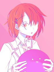  1girl 1other :o creature hair_ornament hair_over_one_eye hairclip heaven_burns_red highres holding holding_creature kayamori_ruka narby_(heaven_burns_red) one_eye_covered open_mouth partially_colored rai_25104 short_hair slime_(creature) upper_body 