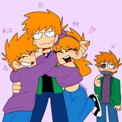  1girl 3boys :d ^_^ annoyed antenna_hair artist_name black_shirt blue_pants blush bow bow_hairband boy_and_girl_sandwich character_and_genderswap closed_eyes commentary_request cowboy_shot denim eddsworld fewer_digits flat_color future_matt_(eddsworld) genderswap genderswap_(mtf) green_jacket grin hair_bow hairband hand_on_another's_back hand_on_another's_head heart highres hood hoodie hug jacket jeans jitome long_hair long_sleeves mamesuke_(pe7pm1lh3f0rmfm) matilda_(eddsworld) matt_(eddsworld) mechanical_eyes midriff_peek multiple_boys multiple_persona off-shoulder_shirt off_shoulder open_clothes open_jacket orange_hair pants prototype_design purple_background purple_bow purple_hoodie purple_nails purple_shirt purple_sweater sandwiched shirt single_mechanical_eye slit_pupils smile spiky_hair standing standing_on_one_leg sweatdrop sweater tears time_paradox toon_(style) translation_request turtleneck turtleneck_sweater 