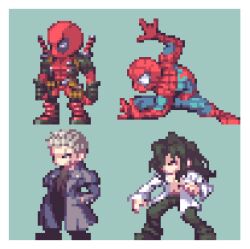  4boys black_hair black_pants black_shoes black_skin bodysuit boots coat collared_shirt colored_skin deadpool fighting_stance full_body gebo_usagi gloves grey_eyes grey_hair hair_over_one_eye hand_in_pocket katana long_sidelocks lowres male_focus marvel marvel_vs._capcom mask melty_blood michael_roa_valdamjong multiple_boys nrvnqsr_chaos open_clothes open_shirt pale_skin pants peter_parker pixel_art red_bodysuit red_gloves shirt shoes sidelocks spider-man spider_web_pattern superhero_costume sword trench_coat tsukihime wavy_hair wavy_sidelocks weapon white_shirt 