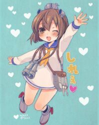  1girl binoculars blue_sailor_collar blush brown_eyes brown_hair commentary_request dated dress hair_between_eyes headgear heart kantai_collection long_sleeves looking_at_viewer neckerchief one_eye_closed open_mouth rudder_footwear sailor_collar sailor_dress sanada_nako shoes short_dress short_hair simple_background solo teeth translation_request twitter_username upper_teeth_only white_dress yukikaze_(kancolle) 