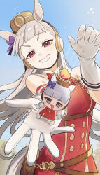  1girl absurdres animal_ears armband bare_shoulders blunt_bangs bow breasts brown_hat character_puppet chibigurumi commentary_request dress ear_bow gloves gold_ship_(red_strife)_(umamusume) gold_ship_(umamusume) grey_hair grin hand_puppet hat highres horse_ears horse_girl horse_tail junsanholo long_hair looking_at_viewer marionette medium_breasts open_mouth pillbox_hat puppet puppet_strings puppeteering red_bow red_dress sleeveless sleeveless_dress smile solo striped_armband striped_clothes tail teeth umamusume violet_eyes white_gloves 