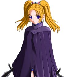  1girl 2000s_(style) ayato_yui blonde_hair blue_eyes cape cloak closed_mouth cowboy_shot cross cross_earrings dagger dual_wielding earrings expressionless game_asset holding holding_weapon jewelry knife kourin_tenshi_en_ciel_rena large_variant_set light_smile long_hair looking_at_viewer lowres magical_girl non-web_source official_art orange_hair piena_melqual purple_cloak saitou_natsuki self-datamine simple_background smile solo standing tachi-e transparent_background twintails variant_set violet_eyes weapon 