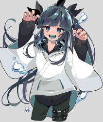  1girl artemis_of_the_blue atelier_live black_hair blue_eyes blue_tongue colored_tongue grey_background highres hood hoodie long_hair looking_at_viewer mole mole_under_eye morino_yu2 open_mouth ponytail shark_girl sharp_teeth solo teeth virtual_youtuber white_hoodie 