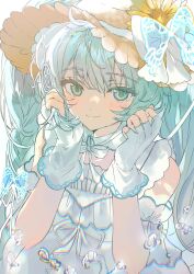  1girl aqua_eyes aqua_hair blush bow brown_hat closed_mouth commentary_request double-parted_bangs dress fingerless_gloves fingernails flower gloves hair_between_eyes hat hat_bow hat_flower hat_ornament hatsune_miku heremia highres leaf_hat_ornament long_hair looking_at_viewer magical_mirai_(vocaloid) magical_mirai_miku magical_mirai_miku_(2026) shirt sleeveless sleeveless_dress solo sunflower twintails upper_body vocaloid white_bow white_dress white_gloves white_shirt yellow_eyes yellow_flower 