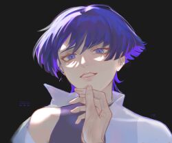  1boy alternate_costume bishounen black_background black_shirt casual collared_shirt colored_inner_hair commentary contemporary cross cross_earrings earrings english_commentary eyelashes fast_forward_button genshin_impact hand_on_another's_chin highres inverted_cross jewelry layered_shirt male_focus multicolored_hair paulinfeinberg pause_button pink_lips popped_collar portrait pov pov_hands purple_hair rewind_button scaramouche_(genshin_impact) shirt single_bare_shoulder single_off_shoulder solo violet_eyes white_mouth white_shirt 