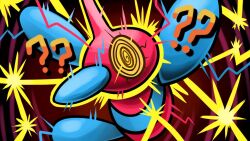  ? ?? @_@ commentary english_commentary nasty_plot_(pokemon) no_humans pokemon pokemon_(creature) pokemon_focus pokemon_move porygon-z red_background ringed_eyes scarzig solo video_thumbnail youtube_video_thumbnail 