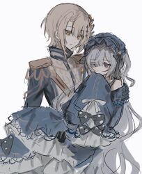  2girls aiguillette bare_shoulders black_coat black_gloves black_ribbon blonde_hair blue_dress blue_hairband bow carrying closed_mouth coat curtained_hair diamond_hair_ornament dress dress_bow epaulettes frilled_dress frilled_hairband frilled_sleeves frills gloves gothic_lolita hair_ornament hair_over_one_eye hair_ribbon hairband hasumi_leia high_collar inagoinaire jewelry lolita_fashion lolita_hairband long_hair long_sleeves mahou_shoujo_no_majo_saiban multiple_girls natsume_an-an necklace off-shoulder_dress off_shoulder polka_dot polka_dot_bow princess_carry ribbon sash short_hair shoulder_sash simple_background sleeve_bow sleeves_past_fingers sleeves_past_wrists solo violet_eyes white_background white_hair wide_sleeves yellow_eyes yuri 