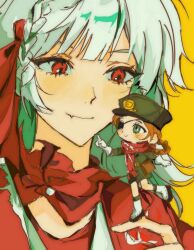  2girls aima_(reverse:1999) blue_eyes boots braid braided_hair_rings brown_hair commentary_request eyepatch gloves green_hat green_jacket green_shorts hair_rings hand_up hat highres holding holding_mini_person index_finger_raised jacket korean_commentary long_hair looking_at_another mikkang mini_person minigirl multiple_girls one_eye_covered peaked_cap red_eyes red_scarf reverse:1999 scarf shorts standing standing_on_one_leg white_boots white_gloves white_hair yellow_background 