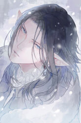  artoirel_de_fortemps blue_eyes commentary_request crying earrings elezen elf final_fantasy final_fantasy_xiv head_tilt highres jewelry long_hair looking_at_viewer madaizi male_focus open_mouth pointy_ears side_part simple_background snow tears white_background 