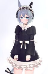  1girl alternate_costume animal_ears black_dress black_headband blue_eyes blush bow ceresia8327 choker closed_mouth commentary_request dress ear_covers frilled_headband grey_hair hair_between_eyes headband highres horse_ears horse_girl horse_tail lolita_fashion long_sleeves looking_at_viewer seiun_sky_(umamusume) short_hair single_ear_cover solo tail umamusume white_bow 