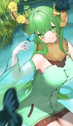  1girl animal_ear_fluff animal_ears antler_ornament antlers blue_butterfly bug butterfly deer_ears dress flower green_dress green_eyes green_hair green_sleeves haruka_karibu haruka_karibu_(1st_costume) horns long_hair looking_at_viewer reindeer_antlers reindeer_girl shio_bd smile solo virtual_youtuber vshojo 