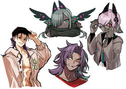 1girl 3boys 4boys abs absurdres baseball_cap bhima_(fate) blue_hair boy_vajra_(celebratory_attire)_(fate) boy_vajra_(fate) coat collared_shirt colored_skin commentary_request cu_chulainn_(caster)_(fate) cu_chulainn_(fate) cu_chulainn_(tropical_rune_summer)_(fate) dark-skinned_female dark-skinned_male dark_skin fate/grand_order fate_(series) girl_vajra_(fate) glasses green_eyes grey_hair grin hair_over_one_eye hat highres hood hood_down hooded_jacket horns jacket long_hair long_sleeves looking_at_viewer male_focus multiple_boys necktie one_eye_closed open_clothes open_mouth pectorals pink_eyes pink_hair ponytail purple_hair red_eyes scar shima222nd shirt short_hair simple_background smile toned unworn_eyewear upper_body violet_eyes white_background white_shirt wings 
