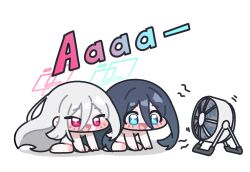  2girls :d aris_(blue_archive) black_hair blue_archive blue_eyes blue_halo chibi chibi_only electric_fan floating_hair from_side full_body halo highres ishikoro24 kei_(blue_archive) long_hair looking_at_object matching_hairstyle multiple_girls open_mouth pink_eyes pink_halo raised_eyebrows rectangular_halo siblings sidelocks simple_background sitting smile sound_effects twins underwear underwear_only very_long_hair wariza white_background white_hair 