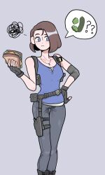  1girl ? ?? black_gloves blue_shirt brown_hair commentary cucumber elbow_pads english_commentary fingerless_gloves food gloves grey_background heart_blu3 highres holding holding_food holding_sandwich jill_valentine pants resident_evil resident_evil_3:_nemesis resident_evil_3_(remake) sandwich shirt short_hair simple_background single_elbow_pad thigh_strap 