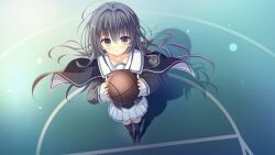  1girl ball basket basketball_(object) basketball_court black_eyes black_hair black_jacket black_thighhighs buttons capelet da_capo da_capo_v floating_hair from_above hands_up highres holding holding_ball jacket kisaragi_yuu_(kisaragiyu) miniskirt non-web_source official_art pleated_skirt sailor_collar shirt skirt thigh-highs tokisaka_yukina white_sailor_collar white_shirt zettai_ryouiki 