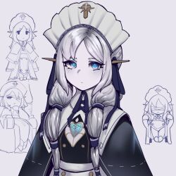  1girl black_capelet black_dress blue_eyes blue_ribbon capelet chibi chibi_inset closed_mouth collared_dress colored_skin commentary dress ender_lilies_quietus_of_the_knights ender_magnolia_bloom_in_the_mist english_commentary grey_background grey_hair grey_skin hair_over_shoulder hair_ribbon hairband kelbhin light_blush long_hair looking_at_viewer lorna_(ender_magnolia) multi-tied_hair multiple_views neck_ribbon parted_bangs ribbon sidelocks simple_background twintails upper_body white_hairband 