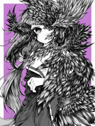  1girl bird_wings border commentary_request covered_mouth feathered_wings greyscale greyscale_with_colored_background hair_bobbles hair_ornament highres holding_sleeve long_hair long_sleeves looking_at_viewer mini_wings monochrome monsterification nijisanji no_pupils one_eye_covered outside_border purple_background simple_background solo too_many_wings toy_box3 transformation upper_body variant_set very_long_hair virtual_youtuber white_border wings yokaze_yui 