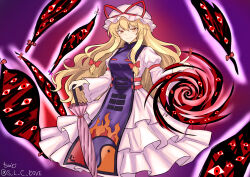  1girl absurdres artist_name blonde_hair bow breasts closed_mouth closed_umbrella commentary dress frilled_dress frills gap_(touhou) hair_bow hat hat_ribbon highres holding holding_umbrella long_hair long_sleeves looking_at_viewer medium_breasts mob_cap pink_umbrella purple_tabard red_ribbon ribbon s_l_c_dive smile solo tabard touhou twitter_username umbrella very_long_hair white_dress white_hat wide_sleeves yakumo_yukari 