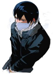  1boy black_hair black_jacket blue_eyes blush commentary_request cropped_torso earphones haikyuu!! highres jacket kageyama_tobio korean_commentary male_focus mask mouth_mask orang_0182 short_hair simple_background solo white_background 