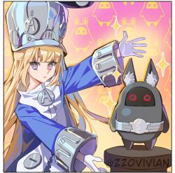  +_+ 1girl 1other blonde_hair blue_jacket blush closed_mouth commentary english_commentary gloves grey_hat grey_helmet hat helmet highres hoshimi_miyabi jacket large_hat long_hair looking_at_viewer miyaboo_(zenless_zone_zero) norma_hollowell shako_cap twitter_username upper_body violet_eyes white_gloves zenless_zone_zero zz0vivianart 