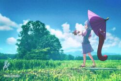  1girl blue_eyes blue_hair blue_sky blue_vest clouds commentary day full_body geta heterochromia highres holding holding_umbrella karakasa_obake kiritanpo117 looking_at_viewer open_mouth outdoors photo_background purple_umbrella red_eyes short_hair short_sleeves sky smile solo tatara_kogasa touhou tree twitter_username umbrella vest 