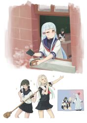  3girls anger_vein black_eyes black_sailor_collar black_shirt black_skirt blonde_hair blue_sailor_collar blunt_bangs board_eraser broom commentary_request cowboy_shot dress fubuki_(kancolle) fubuki_kai_ni_(kancolle) grey_hair highres kantai_collection long_hair multiple_girls murakumo_(kancolle) neckerchief one_eye_closed orange_eyes red_neckerchief sailor_collar sailor_dress scolding shirt singing skirt unconventional_guitar upper_body white_sailor_collar youryokuso_(chlorophyll) yuudachi_(kancolle) 