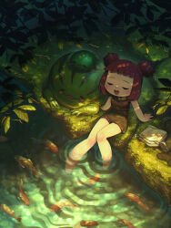  1girl :d absurdres blush blush_stickers closed_eyes commentary creature dappled_sunlight english_commentary enne_(porforever) fish from_above grass highres legs nature original outdoors pond porforever red_hair ripples sitting skirt smile soaking_feet solo sunlight two_side_up water 