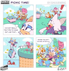  ! 3girls absurdres alt_text amy_rose animal_ears apple baguette basket bat_ears bat_wings blue_eyeshadow blue_sky bottle bow bowtie bread broken_fence cart chao_(sonic) cheese_(sonic) chopper_(sonic) closed_eyes commentary cream_the_rabbit english_commentary english_text eyeshadow flying_sweatdrops food fruit gloves guest_art heart highres holding holding_basket holding_bottle holding_food holding_fruit holding_sandwich leaf light_blush looking_at_another makeup multiple_girls neutral_chao open_mouth rabbit_ears red_bow red_bowtie rouge_the_bat sandwich shijueming sky smile sonic_(series) tripping white_gloves wings 