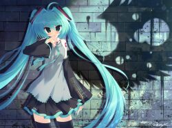  1girl 2000s_(style) ahoge angel_with_a_shotgun aqua_eyes aqua_necktie arm_up black_skirt black_sleeves black_thighhighs blue_hair blush breasts brick_wall commentary cowboy_shot detached_sleeves drawn_wings english_commentary faux_retro_artstyle floating_hair grey_shirt hair_ornament hatsune_miku highres jelly_(bonnybel) long_hair long_sleeves looking_at_viewer medium_breasts necktie paint_splatter parody shirt shoulder_tattoo skirt sleeveless sleeveless_shirt solo spray_paint standing tattoo thigh-highs undone_necktie very_long_hair vocaloid 