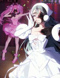  2girls alien_stage ankle_scrunchie bandana bare_shoulders black_hair bow breasts chest_bow commentary confetti dress dress_bow elbow_gloves gloves hair_bow headset highres long_hair meiz_green microphone mizi_(alien_stage) multiple_girls multiple_hair_bows pink_bow pink_hair pink_scrunchie pink_shoes scrunchie shoes smile strapless strapless_dress sua_(alien_stage) twintails very_long_hair violet_eyes white_bandana white_bow white_dress white_gloves zombie_stage 