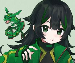  1girl black_gloves black_hair black_shirt commentary double-parted_bangs fingerless_gloves gloves green_background green_eyes green_jacket green_streaks hand_up jacket long_hair long_sleeves looking_at_viewer multicolored_hair necoyu_(yuyudomino) open_clothes open_jacket open_mouth original pokemon pokemon_(creature) pokemon_unite rayquaza shirt simple_background sleeves_past_wrists streaked_hair upper_body 