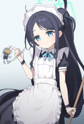  1girl absurdres apron aris_(blue_archive) aris_(maid)_(blue_archive) biluoyao black_dress black_hair blue_archive blue_bow blue_bowtie blue_eyes bow bowtie charm_(object) chinese_commentary commentary_request cowboy_shot dot_nose dress gradient_background green_halo grey_background halo hand_up highres holding holding_charm holding_stick index_finger_raised kei_(orange_robot)_(blue_archive) long_hair long_sidelocks looking_at_viewer maid maid_apron maid_headdress official_alternate_costume official_alternate_hairstyle parted_bangs ponytail rectangular_halo short_sleeves sidelocks simple_background smile solo spinning split_mouth stick tareme very_long_hair white_apron white_background white_headdress wristband 