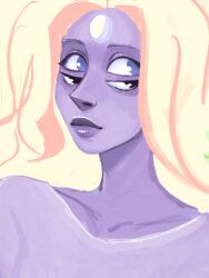  1girl blonde_hair blue_eyes chudochudes colored_skin commentary english_commentary extra_eyes forehead_jewel gem_(steven_universe) highres lips opal_(gemstone) opal_(steven_universe) purple_skin solo steven_universe 
