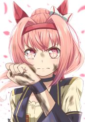  1girl animal_ears blush bodice bow choker closed_mouth commentary cropped_jacket dirty dirty_clothes dirty_face ear_bow ear_covers emapippi flower-shaped_pupils flower_in_eye hairband haru_urara_(umamusume) headband highres horse_ears horse_girl jacket long_hair looking_at_viewer petals pink_eyes pink_hair pink_headband ponytail purple_choker red_headband shirt solo starting_future_(umamusume) symbol-shaped_pupils symbol_in_eye umamusume untranslatable_commentary upper_body white_jacket wristband 