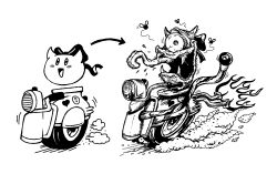  8-ball alt_text angry_scarfy arrow_(symbol) before_and_after blush_stickers bow bug commentary english_commentary exhaust_pipe fangs fly greyscale heart kirby_(series) kirby_air_ride kirby_air_riders long_tongue looking_at_viewer monochrome no_humans one-eyed open_mouth scarfy scrimblor1 smile tongue tongue_out veins wheelie_scooter 