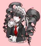  1girl bangs black_jacket celestia_ludenberg center_frills collared_shirt danganronpa:_trigger_happy_havoc danganronpa_(series) drill_hair earrings frilled_jacket frills gothic_lolita hand_up highres jacket jewelry lolita_fashion long_hair long_sleeves looking_at_viewer necktie open_clothes open_jacket pink_background red_necktie shirt simple_background solo twin_drills twinklelitchii twintails 