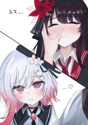  2girls beret black_choker black_coat black_hair black_hat black_shirt choker closed_eyes closed_mouth coat collared_coat collared_shirt commentary_request flower gradient_hair hair_flower hair_ornament hat hat_flower hat_ribbon heart highres kanpatia_no long_hair long_sleeves mahou_shoujo_no_majo_saiban multicolored_hair multiple_girls neck_ribbon necktie nikaido_hiro pink_eyes pink_hair portrait red_flower red_necktie ribbon sakuraba_ema shirt short_hair simple_background sleeveless sleeveless_coat teeth white_background white_flower white_hair white_ribbon white_shirt x_hair_ornament 
