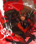  1girl asymmetrical_horns bangs barefoot black_hair blunt_bangs fangs highres holding holding_sword holding_weapon horns japanese_clothes katana kazunari_(prawn10231) long_hair looking_at_viewer oni open_mouth original red_background red_eyes scales sheath solo sword very_long_hair weapon 